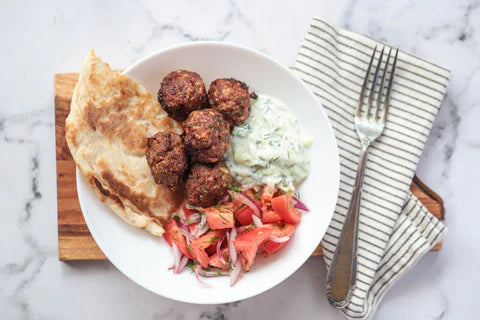 Air-Fryer Greek Meatballs with Tomato Salad & Tzatziki