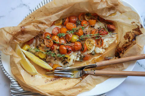 Halibut en Papillote with Tomatoes, Capers & Garlic